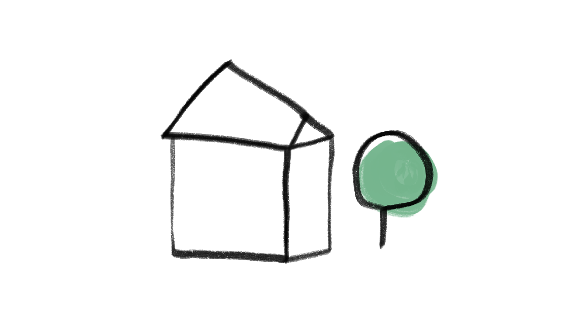 Illustration links ein Haus und rechts daneben ein Baum
