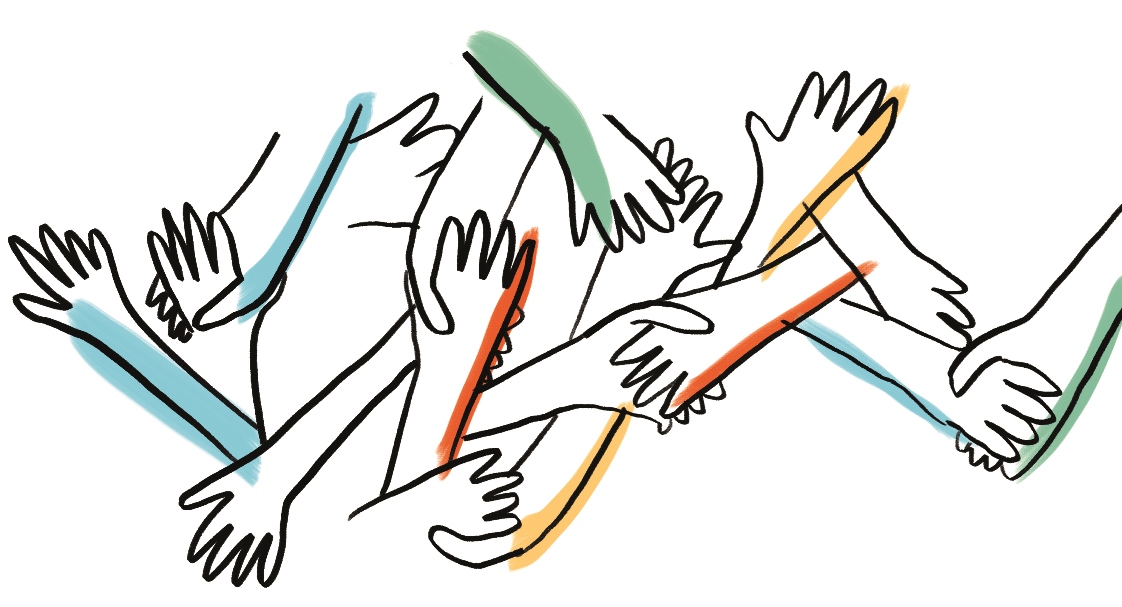 Illustration viele Hände, die sich die Hand geben
